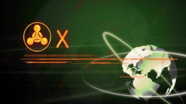 Üç düğüm amblemini, çubukları ve dönen küreyi gösteren dijital arayüzde uyarı grafiği. Uyarı, teknoloji, siber güvenlik, veri görselleştirme, arayüz, yenilik, fütürist