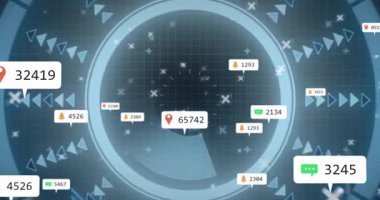 Yüksek teknoloji veri görselleştirmesi yüzen sayısal uyarılarla merkezi dairesel arayüzü gösteriyor. Fütürist, arayüz, gösterge paneli, dijital, analitik, teknoloji, izleme