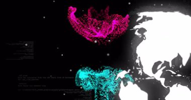 Şekillendirilmiş beyaz küre 3D renkte görselleştiriliyor, girdap şeklinde mor renkli parçacıklar sürükleniyor. Teknoloji, veri, siber alan, dijital, fütüristik, yenilik, ağ