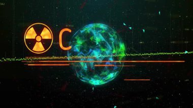 Fütüristik HUD, kablo küresi üzerinde dönen radyasyon sembolü ve ışıldayan UYARI metni gösteriyor. Teknoloji, alarm, uyarı, siber uzay, arayüz, dijital, güvenlik