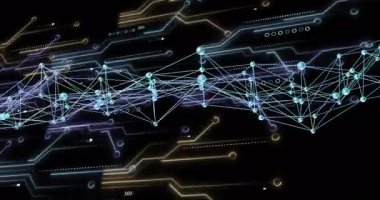 Ağ örgüsü, uzayda yer değiştiren çizgileri birleştiren parlayan cyan düğümleri gösteriyor, 3D biçiminde oluşturuluyor. Teknoloji, bağlantı, fütürizm, siber, yenilik, dijital, şematik