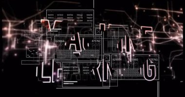 Dijital panellerin üzerinde süzülen, sayısal ızgaraları ve parlayan düğümleri gösteren MAKİNE ÖĞRENME metni. Gelecek, teknoloji, veri, arayüz, dijital, görselleştirme, ağ