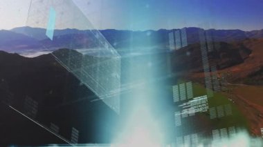 Vadinin üzerinde süzülen şeffaf dijital arayüz 3 boyutlu çubuk grafikleri, şebekeleri ve kod akışlarını gösteriyor. Gelecek, teknoloji, analitik, veri, görselleştirme, açık hava, manzara