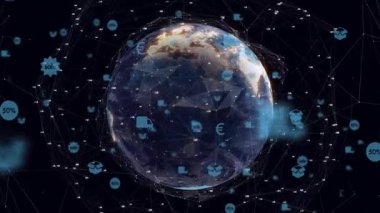 Karanlık uzayda dönen 3 boyutlu dünya, mavi satış rozetleri ve kamyon simgelerini birbirine bağlayan ağ çizgilerini gösteriyor. Futuristik, küresel, bağlantı, teknoloji, dijital, iletişim, lojistik