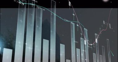 Piyasa eğilimlerini gösteren şeffaf şamdan çubukları, Cyan ve mor çizgileri ızgara UI üzerinde birleştiriyor. Finans, analitik, teknoloji, grafik, veri, yatırım, dijital