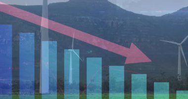 Çimenlerde dönen rüzgar türbinleri yarı saydam veri çubuklarını ve azalan pembe okları gösteriyor. Sürdürülebilirlik, yenilenebilirlik, enerji, çevre dostu, soyut, dijital, çevresel