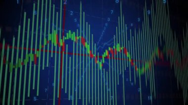 Finans panelinde yeşil çubuklar, renkli şamdanlar, mavi ızgara üzerinde hareket eden kırmızı trend çizgisi var. Finans, veri görselleştirme, bilgi grafikleri, teknoloji, analitik, yatırım, eğilim analizi