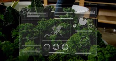 Kale ve maydanoz ahşap tezgahın üzerinde dizayn edilmiş çizelgeler ve üst üste dizayn edilmiş animasyonlar var. Taze üretim, sağlıklı beslenme, pazar, kentsel tarım, çiftlikten sofraya, dijital teknoloji, beslenme