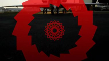 Altın saat boyunca asfalt rampada özel jet park yeri ve düz dizaynlı hangar destekli araçlar. Lüks, ulaşım, havacılık, minimalist, seyahat, endüstriyel, alacakaranlık