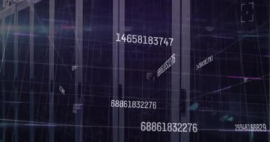 Merkezi sunucu dolapları sayısal kod yayını, dijital ızgara hatları çapraz koridor düz tasarımı. Teknoloji, veri, siber güvenlik, fütüristik, dijital, ağ, yenilik