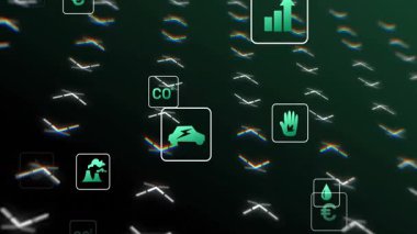 Elektrik araç simgesi düz tasarım akışında CO, euro, water drop simgelerini göstererek canlandırılıyor. Teknoloji, sürdürülebilirlik, yenilik, veri görselleştirme, dijital, çevre dostu, fütürist.