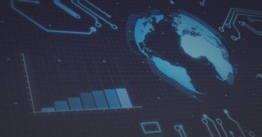 Şekillendirilmiş dijital küre dönüşü, yükselen bar grafiği ve düz tasarımda parlayan devre çizgilerini gösteriyor. Teknoloji, analitik, yenilik, fütüristik, veri görselleştirme, dijital arayüz, neon