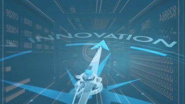 Sanal odada süzülen merkezi pusula, veri panellerini ve parlayan yenilikçi HUD 'yi gösteriyor. Gelecek, teknoloji, veri, analiz, arayüz, dijital, görselleştirme