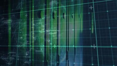 Düz dizaynda ortaya çıkan karmaşık dijital ızgara görselleştirmesi, yeşil çubukları cyan düğümleriyle gösteriyor. Futuristik, teknoloji, arayüz, veri, analitik, dijital, yenilik