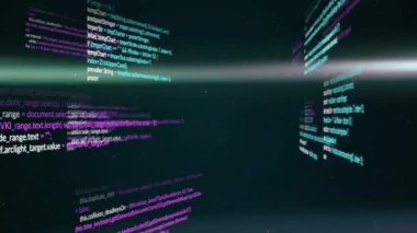 Kod panelleri 3 boyutlu uzayda görselleştiriliyor, yeşil ışık demeti altında parlayan mavi mavi mavi bir metin. Gelecek, teknoloji, veri, yenilik, dijital, soyut, bilim