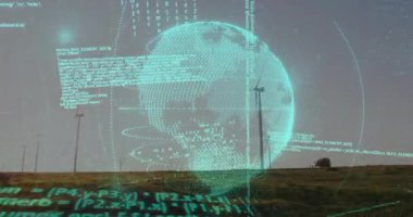 Rüzgâr türbinlerinin üzerinde süzülen holografik küre, üç boyutlu render şeklinde akan deniz mavisi kodu. Gelecekçi, teknoloji, yenilenebilir, dijital alarm, çevre dostu, yenilik, manzara