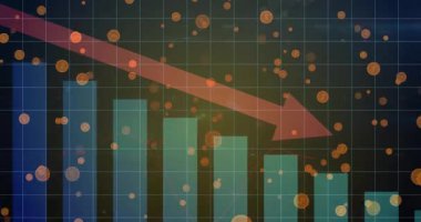 İniş yapan kırmızı ok ve yüzen para simgeleriyle animasyon deniz mavisi çizelge sütunları gösteriliyor. Finans, veri görselleştirme, bilgi, dijital gösterge paneli, finansal analizler, iş zekası, teknoloji