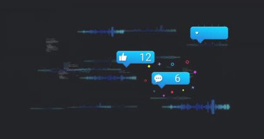 Yüzen sosyal medya baloncukları kod arayüzü üzerinde sürüklenerek dalga biçimi ve nişan ölçümleri gösteriyor. Dijital arayüz, veri görselleştirme, kullanıcı bağlanması, teknoloji, modern, soyut, grafik