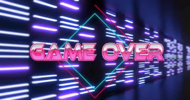 Parlayan ışık çubukları arasında pembe cyan elmas çerçeveler içinde titreşen retro neon oyun alanı görüntüleniyor. Neon, siber punk, fütürist, dijital, canlı, atari, teknoloji
