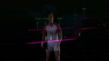 Erkek sporcu, finans tabloları ve mor noktalı çizgilerle etkileşime giriyor. Dinamik, güç, rekabet, teknoloji, yatırım, analiz, dayanıklılık