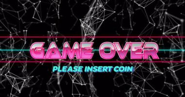 Neon pembe oyun üzerinde parlayan metin merkezi Cyan lütfen INSERT COIN 'i morumsu cyan çizgilerle gösteriyor. Neon, dijital, siber punk, fütüristik, grafik, soyut, canlı