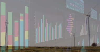 Yarısaydam veri görselleştirmesi, rüzgar türbinleriyle düzlüklerde yüzen grafikleri gösteriyor. Sürdürülebilirlik, yenilenebilirlik, yenilik, teknoloji, analitik, çevre, temiz enerji