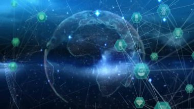 Noktalı 3D dünya dönüyor, yüzen altıgen düğümler DNA, kalp, matara, çapraz, yukarı doğru ok. Dijital, yenilik, teknoloji, bağlantı, biyoteknoloji, sağlık, fütüristik