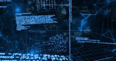 Yörünge çizelgesinde süzülen parlak mavi kod içeren dikey sütun. Siber, teknoloji, fütürist, veri, dijital, ağ, soyut