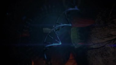 Kayalık oda bilimini araştıran adam, HUD kod parçalarıyla parlayan DNA sarmalını yansıtıyor. Fütüristik, teknoloji, biyomoleküler, bilim, yenilik, sürükleyici, bilimsel