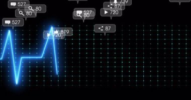 Düz tasarım ECG tarzı dalga biçimi karanlık ızgara boyunca titreşerek yüzen bildirim simgelerini gösteriyor. Futuristik, teknoloji, dijital, arayüz, veri, ağ, yenilik