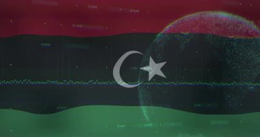 Hilal yıldız sembolü analitik gösterge tablosunun üzerinde yüzüyor, dalga çizgileri ve nokta kümelerini gösteriyor. Özet, dijital, veri, görselleştirme, analitik, gösterge paneli, renkli