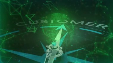 Pusula gülünde metalik iğne var. Parlak ağ hatlarını gösteren koyu yeşil UI 'de dönüyor. Navigasyon, bağlantı, teknoloji, arayüz, dijital, yenilik, geleceksel