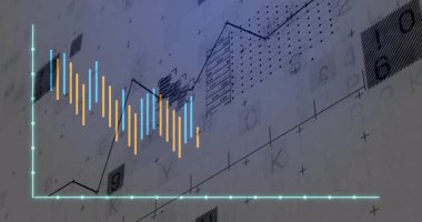 Düz tasarım finans tablosu, sarı, mavi çizgiler, gri planda beyaz zigzag çizgisi var. Analizler, veri görselleştirme, gösterge paneli, finans, teknoloji, dijital, kurumsal