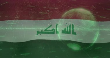 Arkaplanda 3 boyutlu Irak bayrağı, yeşil yazılar, noktalı çizgiler ve holografik küreyle birlikte. Fütürist, dijital, teknoloji, soyut, veri görselleştirme, holografik, yenilik