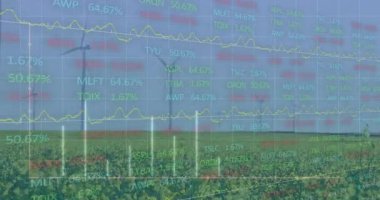 Kırsal kesim sahnesi, şeffaf finans şebekeleri altında salınan rüzgar türbinlerini gösteriyor. Yenilenebilir, sürdürülebilirlik, tarım, enerji, dijital, finansal, görselleştirme