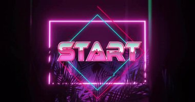 Geçmişe dönük neon START işareti karanlık sahnede parlıyor, çerçeveli palmiye yaprakları pembe deniz mavisi elması ile. Neon, fütürist, enerjik, ambient, gece hayatı, gösteri, dekor