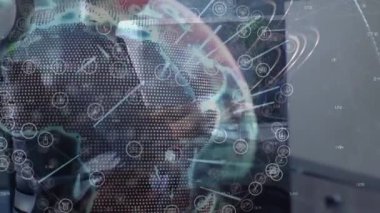 Çalışma istasyonunda dizüstü bilgisayarda yazı yazan bir ofis çalışanı dijital dünya ağı ve grafik grafiklerini gösteriyor. Teknoloji, yenilik, bağlantı, analitik, gelecek, iş, dijital
