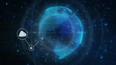 Parlak noktalı dünyanın dört bir yanında teknoloji simgeleri canlandırılıyor, düz tasarımla cihazları birbirine bağlıyorlar. Dijital, bağlantı, fütürizm, ağ, yenilik, siber alan, veri