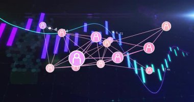 Düz dizayn ızgarasında parlayan ve birbirine bağlanan kullanıcı düğümü kümesi mor deniz mavisi grafik eğrileri gösterir. Teknoloji, veri analizleri, ağ, görselleştirme, fütüristik, dijital arayüz, bağlantı