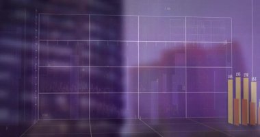 3D çoklu serili bar grafiği, mor ızgarada beyaz çizgili altın kırmızı dikey çubukları gösteriyor. Veri görselleştirme, analitik, panel, finans, teknoloji, bilgi, modern