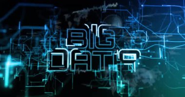 Parlak neon-mavi Büyük Veri harfleri dijital ağ üzerinde yüzüyor düğümler ve devre hatları ile. Gelecek, teknoloji, yenilik, bağlantı, dijital, siber uzay, ağ