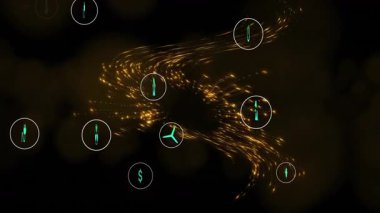 Teal enerjisi ve sürdürülebilirlik simgeleri dijital uzayda dönen altın ışık girdabının içinde yüzüyor. Teknoloji, yenilik, eko, yenilenebilir, gelecekçi, çevre, dijital