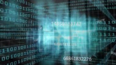 Parlayan cyan ızgarası dijital tünel oluşturuyor, 29695621489 'u ve yüzen ikili haneleri gösteriyor. Gelecekçi, teknoloji, siber uzay, veri görselleştirme, kablo çerçevesi, dijital ağ, sanal gerçeklik