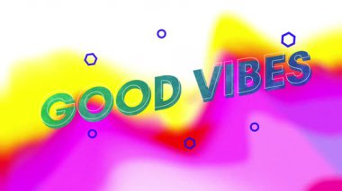 Sarı-morumsu gradyan üzerinde süzülen iyi VİBES metni gösteriliyor, mavi geometrik formlar vurgulanıyor. Soyut, canlı, renkli, modern, dijital, geometrik, iyimser