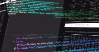 Şifreleme paneli anahtar dalga formunu işlerken JavaScript kodu koyu ekran boyunca kayıyor. Siber güvenlik, veri koruması, dijital arayüz, programlama, şifreleme, teknoloji, bilgi güvenliği