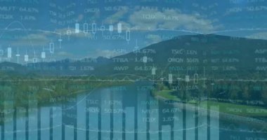 Dağ gölü manzarası şeffaf pazar verilerini bar, şamdan ve çizgi grafikleriyle kaplıyor. Doğa, finans, teknoloji, sükunet, analitik, açık hava, yatırım