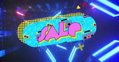 Cyan yuvarlak flamalı SALE harfleri, yüzen kasetler, düz dizaynlı boombox simgeleri. Fütürist, dijital, geometrik, canlı, pazarlama, teknoloji, retrofuturizm