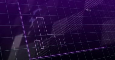 mor histogram çubukları ve çizgi grafiği şeffaf ızgaralı sanal veri ekranında canlandırılıyor. Analizler, teknoloji, fütüristik, veri görselleştirme, yenilik, dijital, arayüz
