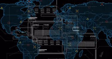 Şebekede gelecekteki küresel harita arayüzü canlandırılıyor, simgeleri koordinatlara bağlayan paneller vurgulanıyor. Teknoloji, yenilik, dijital, ağ, veri görselleştirme, siber, modern