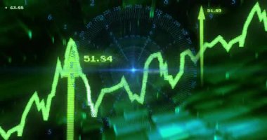 Neon yeşil zigzag çizgisi çizgisi dairesel mavi ızgaraya tırmanıyor, oklar yukarı doğru eğilimi vurguluyor. Teknoloji, veri görselleştirme, dijital arayüz, fütürizm, yenilik, analiz, ilerleme